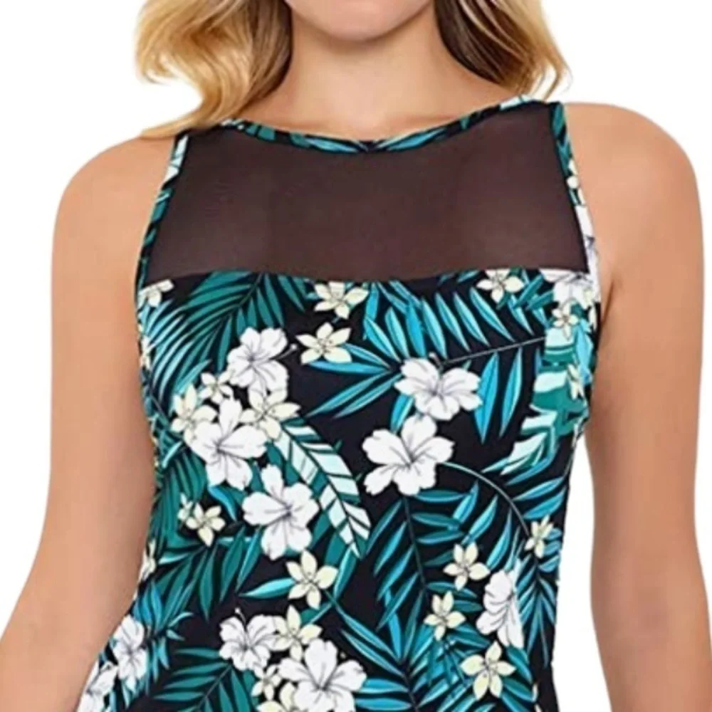 SWIM SOLUTIONS Women's Black Tropical Print High Neck Scalloped Swimdress - Picture 7 of 13